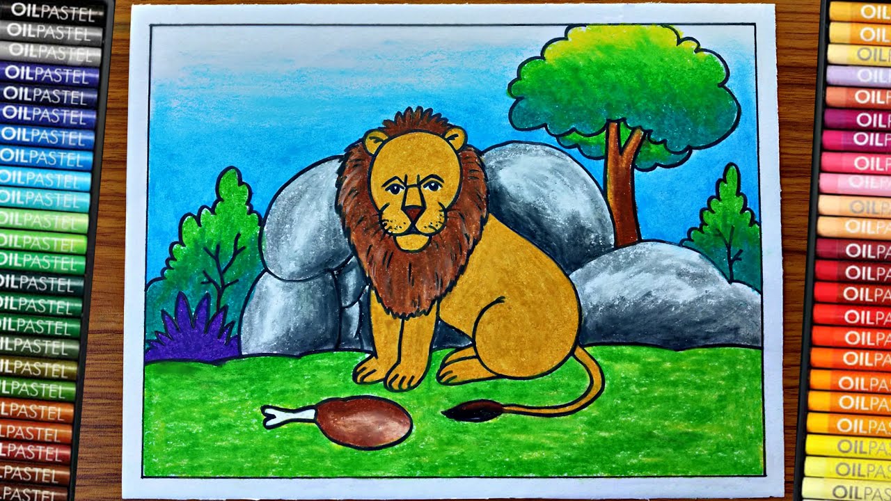 How to Draw a Lion with Scenery | Lion Drawing Colour Easy | सिंह बनाना सीखे/शेर का चित्र बनाना सीखे 