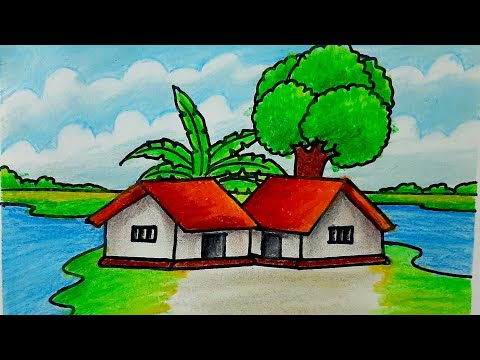 easy scenery drawing with beautiful landscape village drawing 1