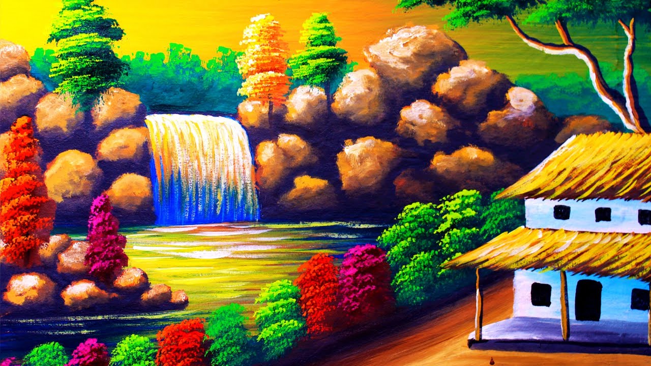 Spring time waterfall nature scenery painting tutorial | sunset time waterfall, stone, house 