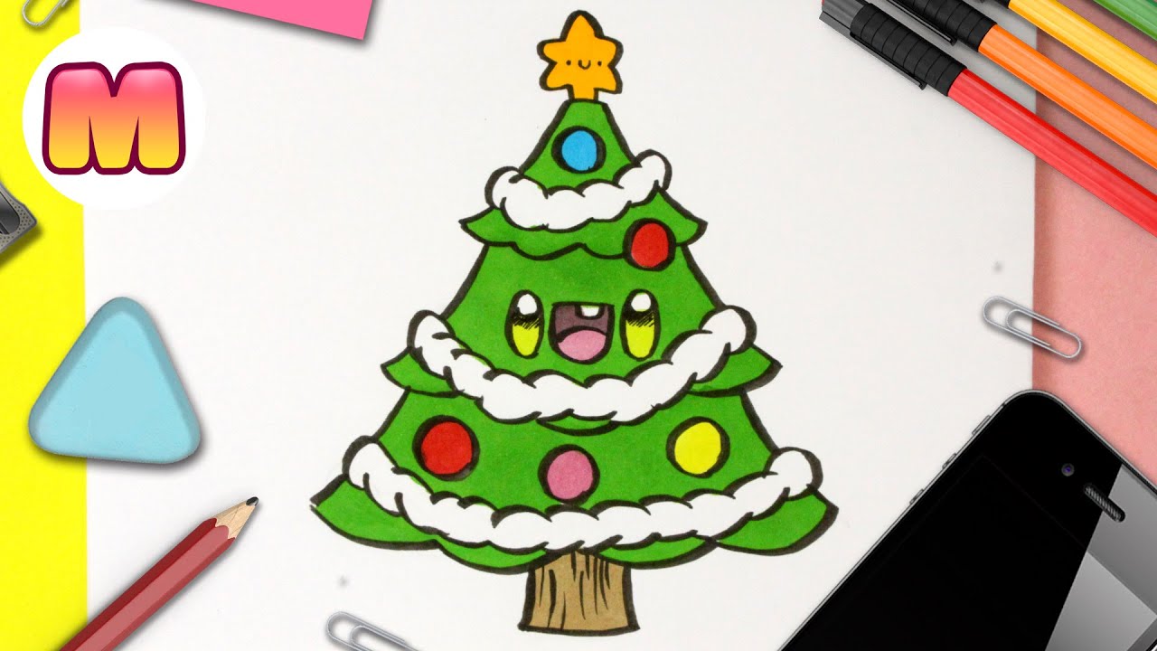 COMO DIBUJAR UN ARBOL DE NAVIDAD KAWAII ?Dibujos de navidad fáciles ?Arbol de Navidad en Español 