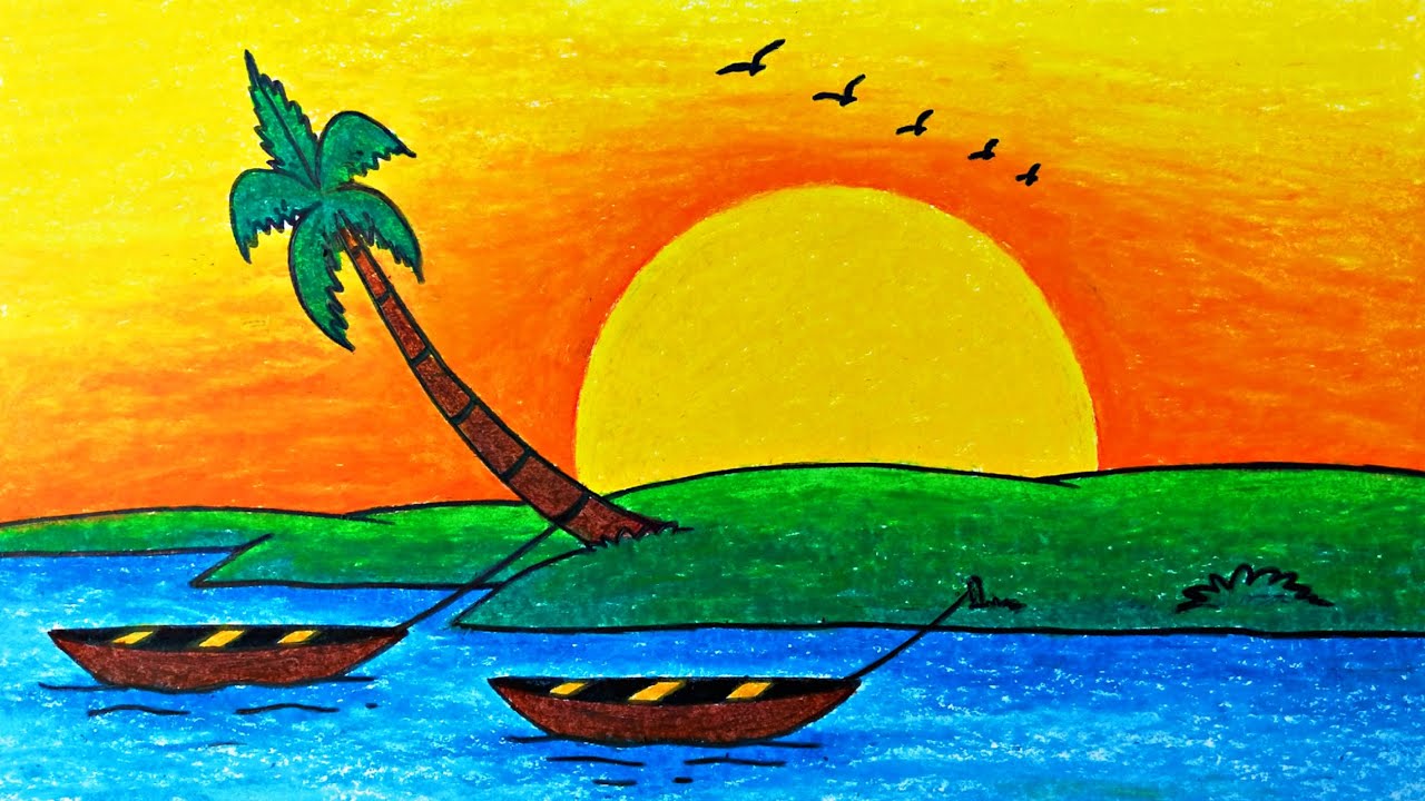 Easy Beautiful Sunset Scenery Drawing for Beginners | How to Draw Sunset Scenery with Oil Pastels 