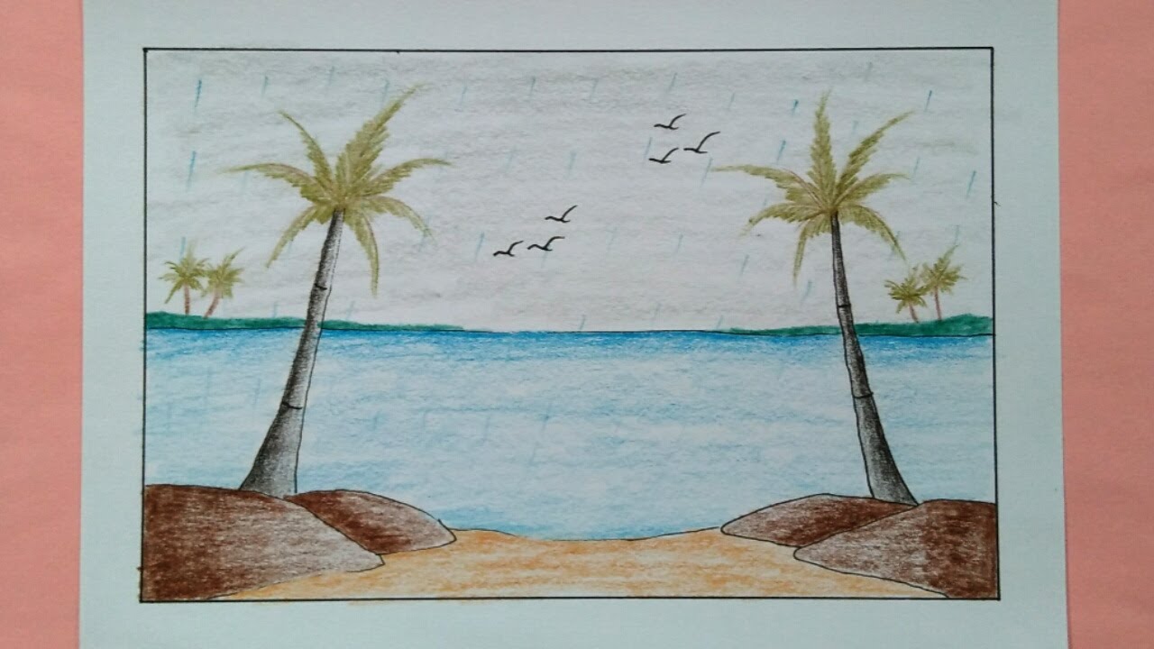 Cara Menggambar Pemandangan Pantai - Beach Scenery Drawing 