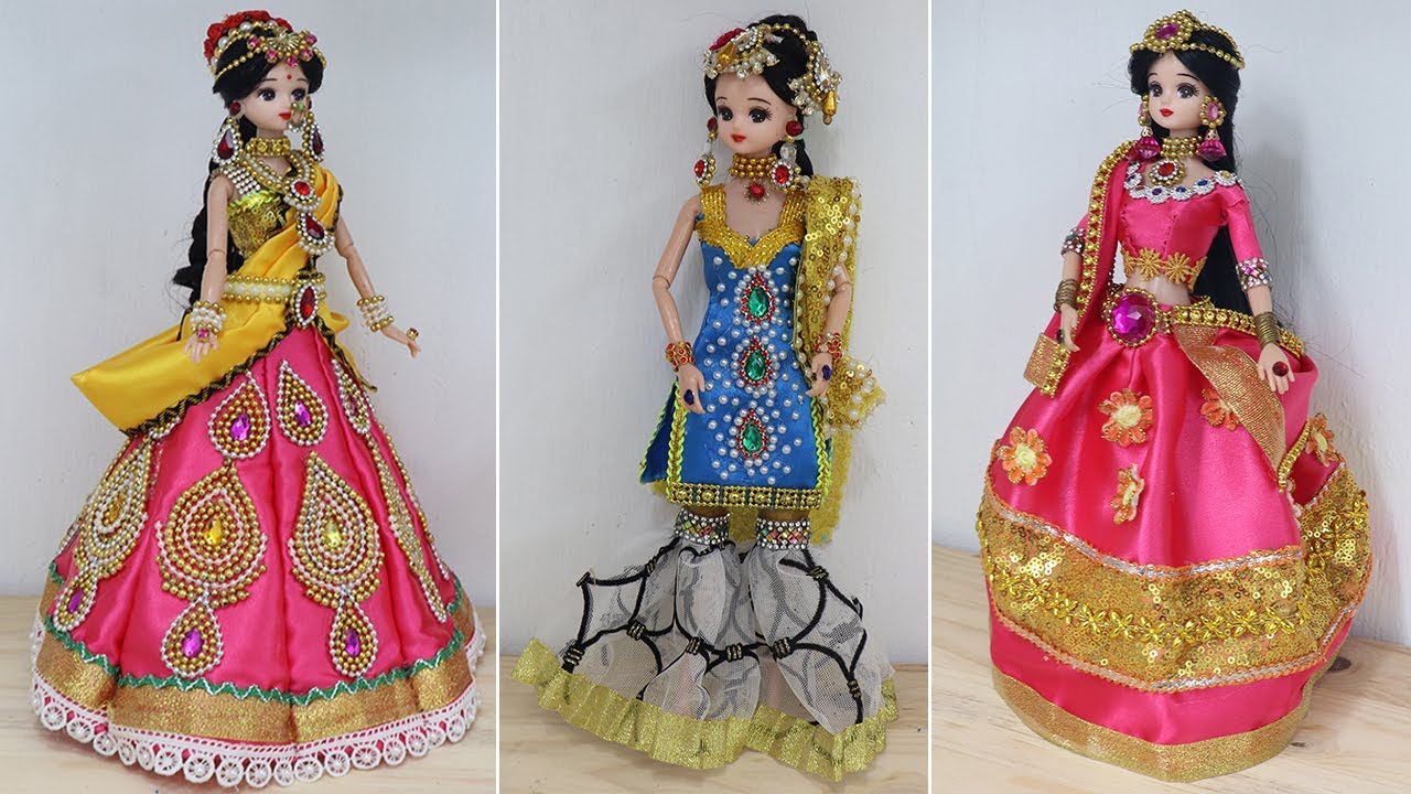 3 South indian bridal dress and Jewellery, Doll decoration with clothes 