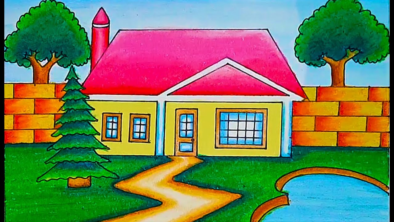 How to draw village house step by step | Drawing of nature | House scenery drawing easy 