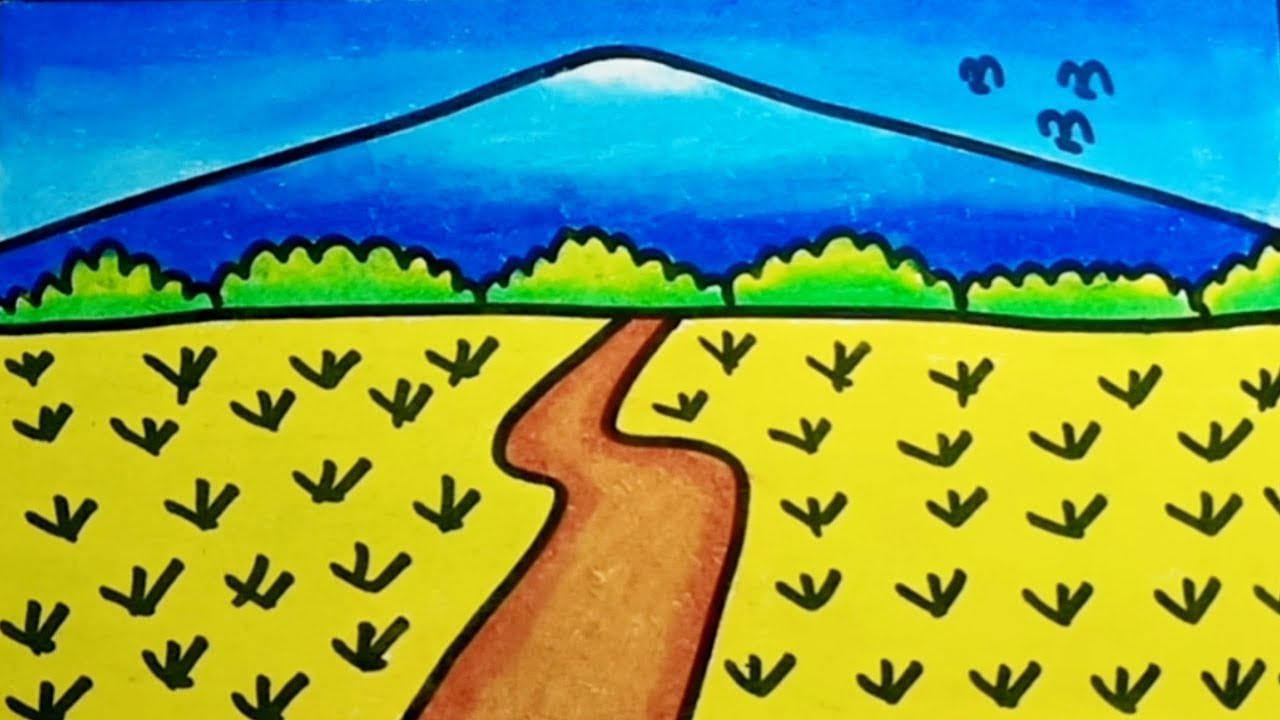 How To Draw a Rice Field Landscape Easy Step By Step | Drawing Rice Field Landscape With Oil Pastels 