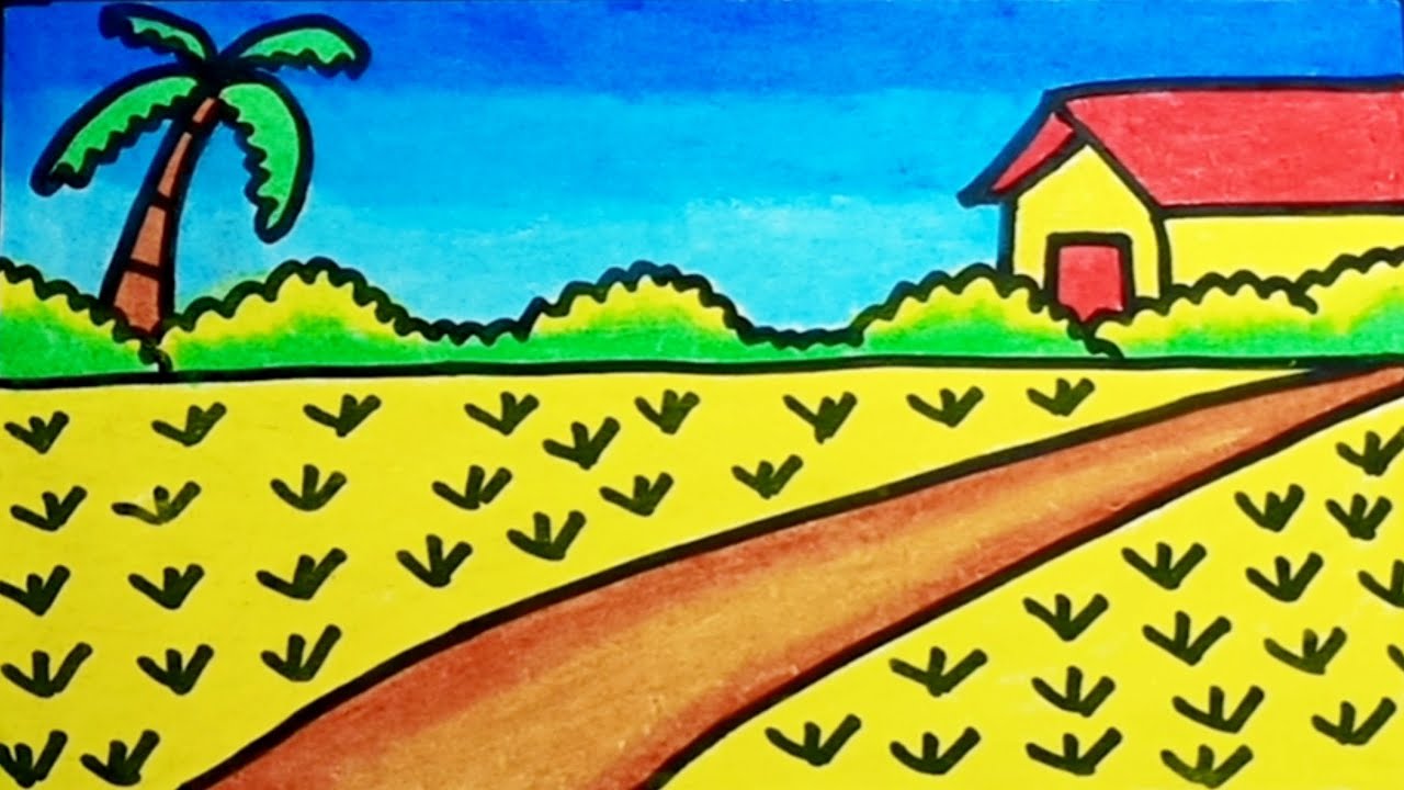 How To Draw a Rice Field Landscape With Oil Pastel Step By Step | Drawing Rice Field Landscape Easy 