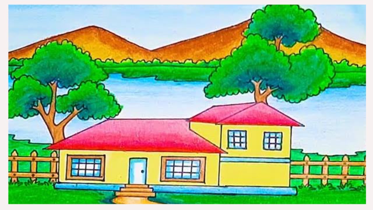 How to draw village house step by step | Easy drawing color | House scenery drawing easy 
