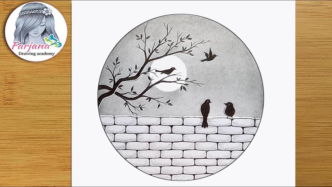 The birds are sitting on a wall - Pencil Sketch for beginners || How to draw Scenery of Moonlight 