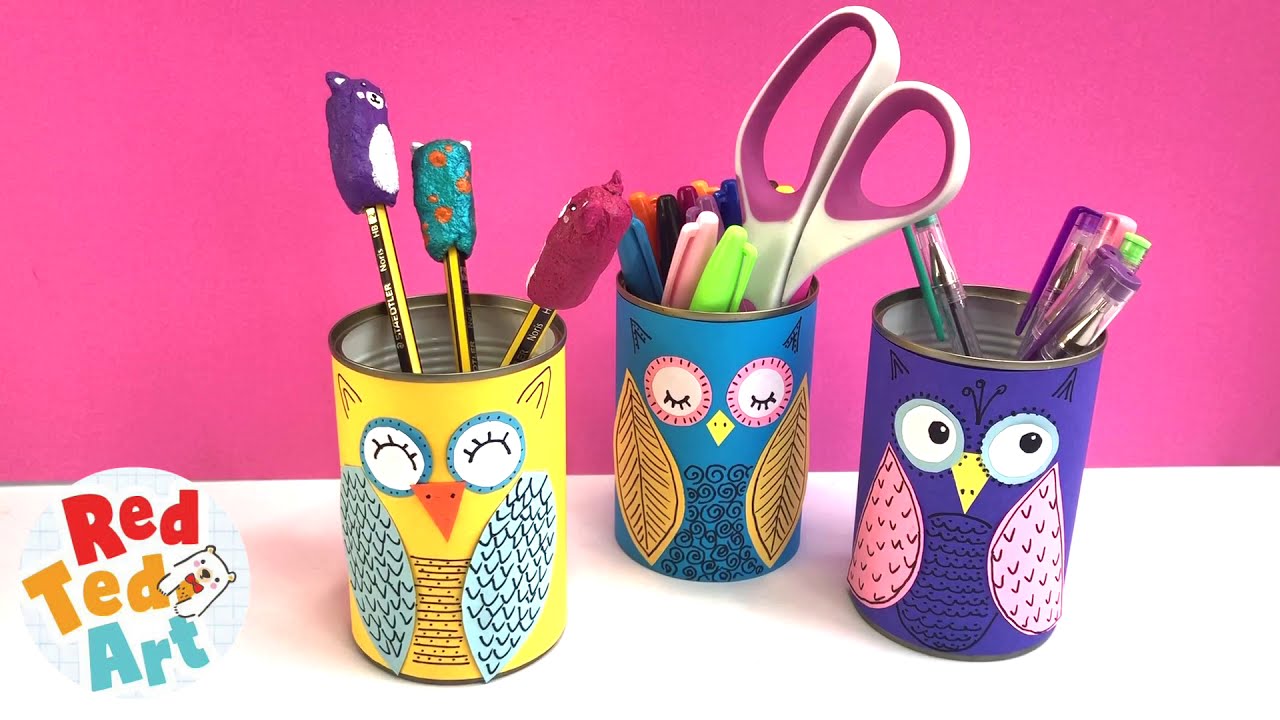 Owl Desk Tidy - how to make a desk organiser from a recycled tin can and paper 