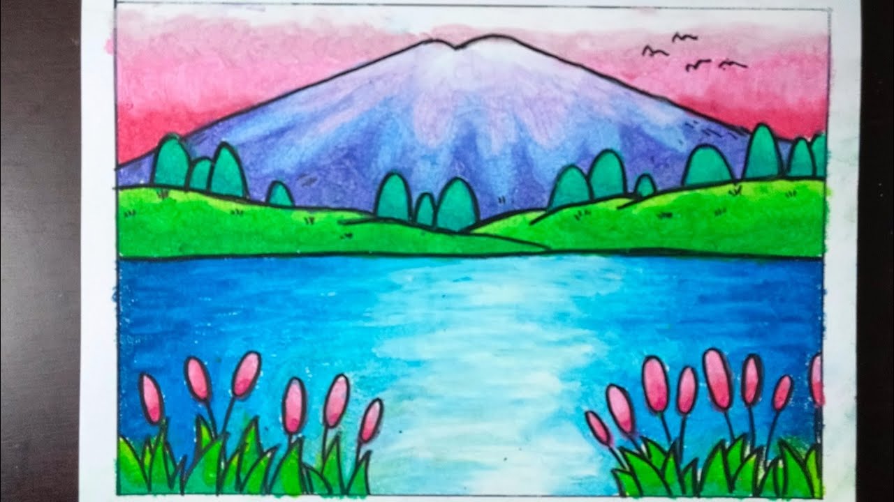 Cara menggambar pemandangan mudah - How to draw easy and simple scenery with oil pastel for beginner 