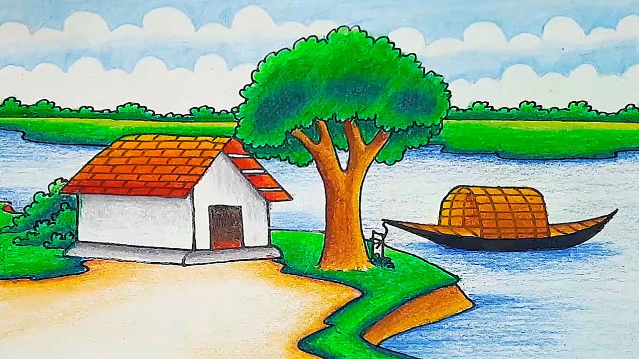 How to draw scenery of river side village || landscape drawing with nature oil pastel drawing