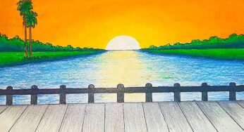 How to draw easy and beautiful sunset scenery drawing with oil pastels