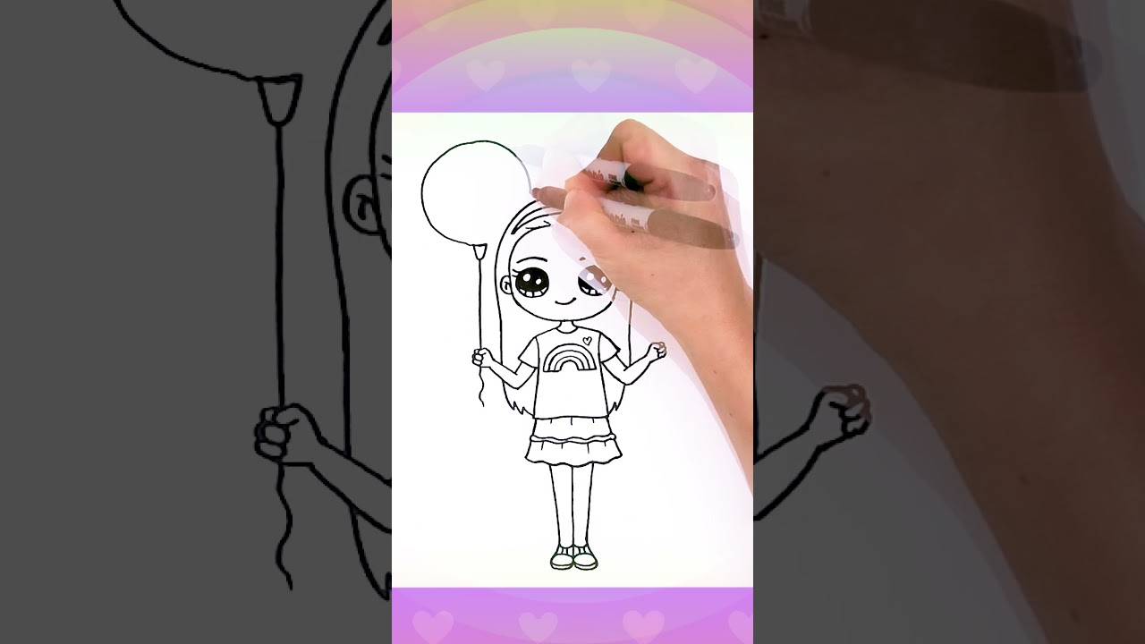 Love Rainbows?! Drawing a Cute Girl Holding Balloons 🌈🎈#shorts