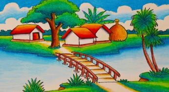 How to Draw Easy Scenery Drawing Beautiful Riverside Village Scenery With Bridge | Lakeside Scenery