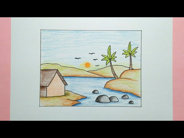 Cara menggambar pemandangan pantai, sunset dan rumah – Scenery drawing #caramenggambar #howtodraw