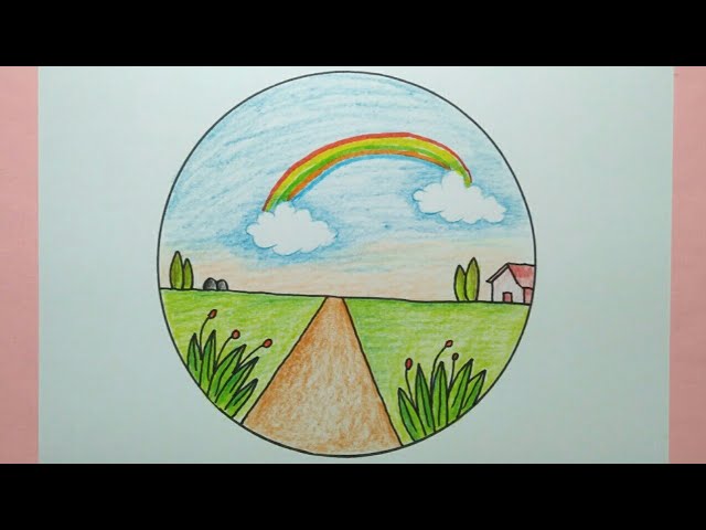 Cara menggambar pemandangan pelangi – Drawing scenery