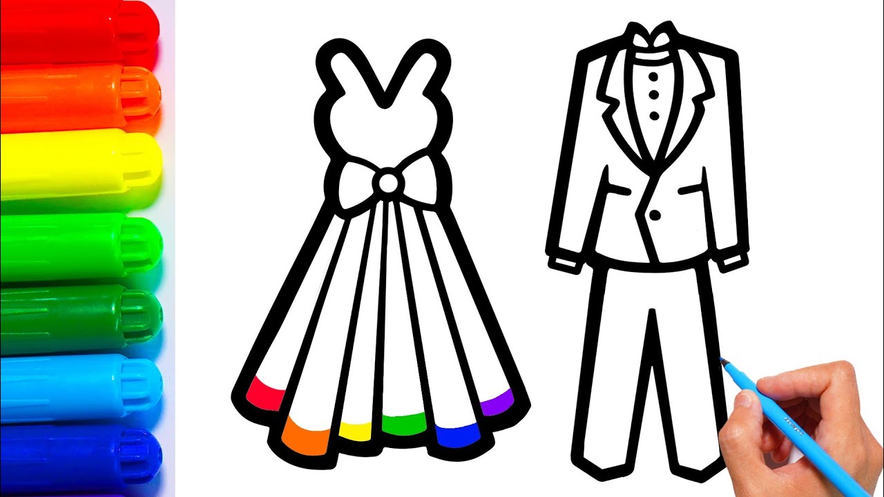 Cara Menggambar dan Mewarnai Wedding dress Glitter Rainbow Dress coloring and drawing for Kids