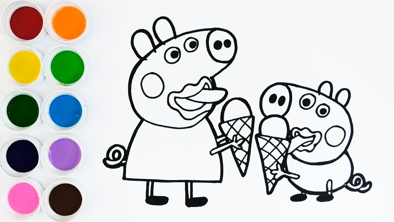 Como Dibujar y Colorear a Peppa Pig y George Comiendo Helado – Dibujos Para Niños