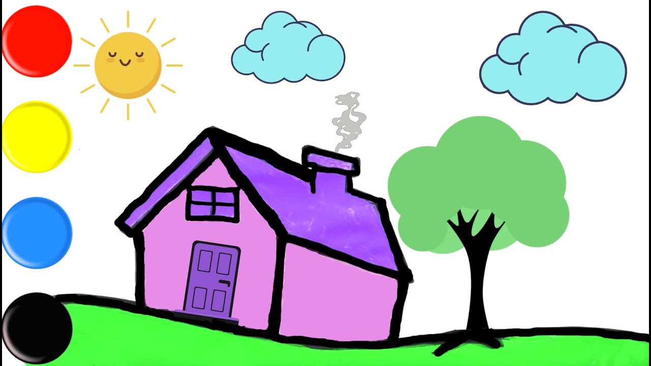 Cómo Dibujar y Colorear Casa 🏠Nube☁️ Sol ☀️ Árbol 🌳 | Aprender Animales | Aprender Colores