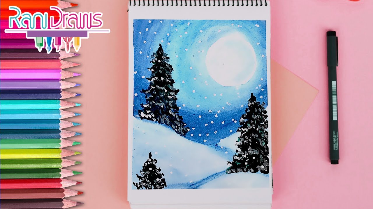 Cómo dibujar una ESCENA / PAISAJE DE INVIERNO con ACUARELA – ideas de dibujos con acuarela