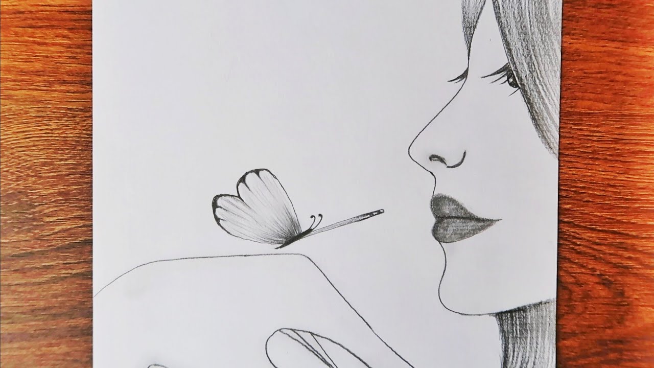 Eline Kelebek Konan Güzel Kız Çizimi Karakalem / Beautiful Girl Drawing with Butterfly on Her Hand