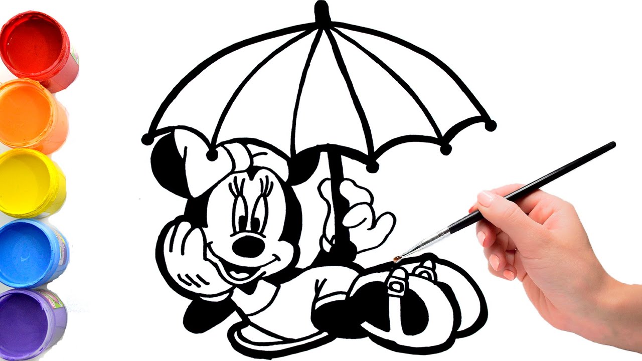 🔴🔴 Draw and color Minnie mouse with colored umbrella | Drawings for kids