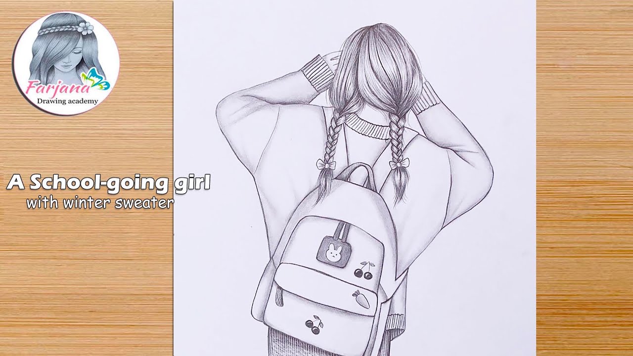 A School-going girl with winter sweater || Step by Step Pencil Sketch Tutorial || How to draw a girl